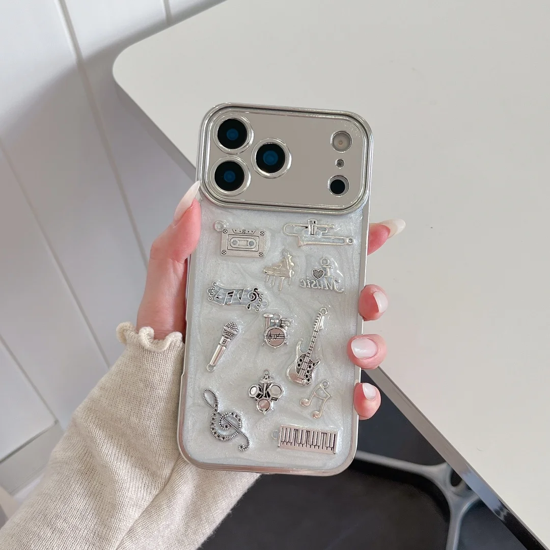 

INS 3D Metal mini Guitar Microphone Punk Phone Case For iPhone17 16 15 13 14 12 11 Pro Max Chic Camera Protection Silicon Cover