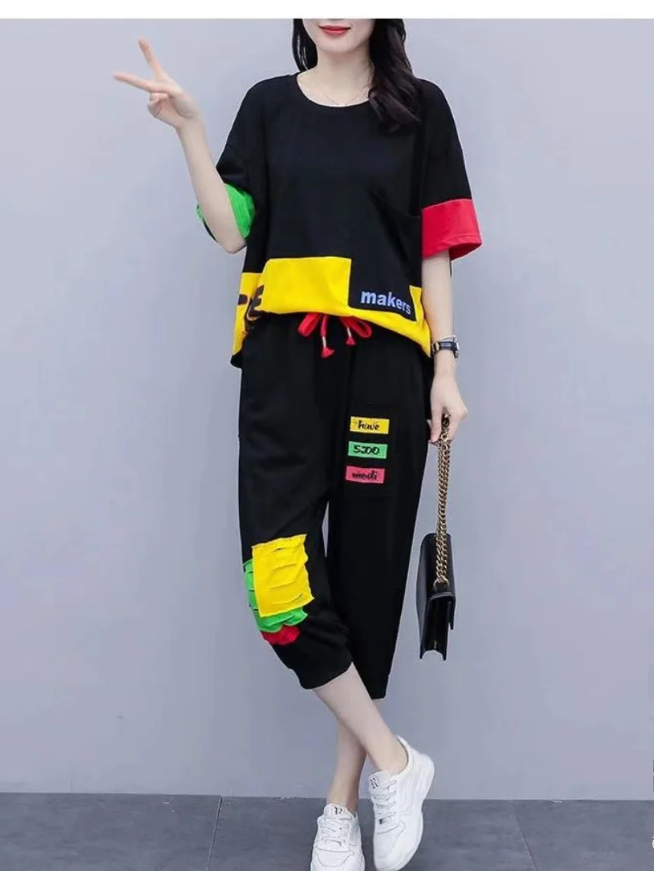 

plus Size Color Block Loose Women's Set Summer Casual Slimming Sporty Two-Piece Suit Cover Belly round Neck Short Sleeve