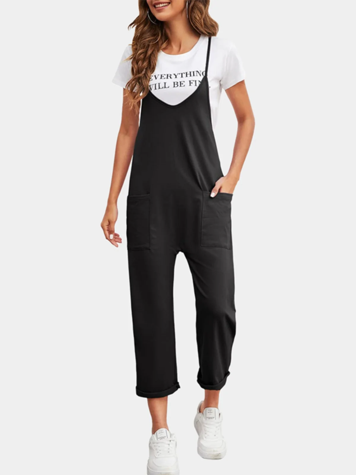 

Summer 2025 Women's Svel Wide Leg Jumpsuit V-ne ket Pure Color Loose Fit Street Sle Polyester Casual One-Piece