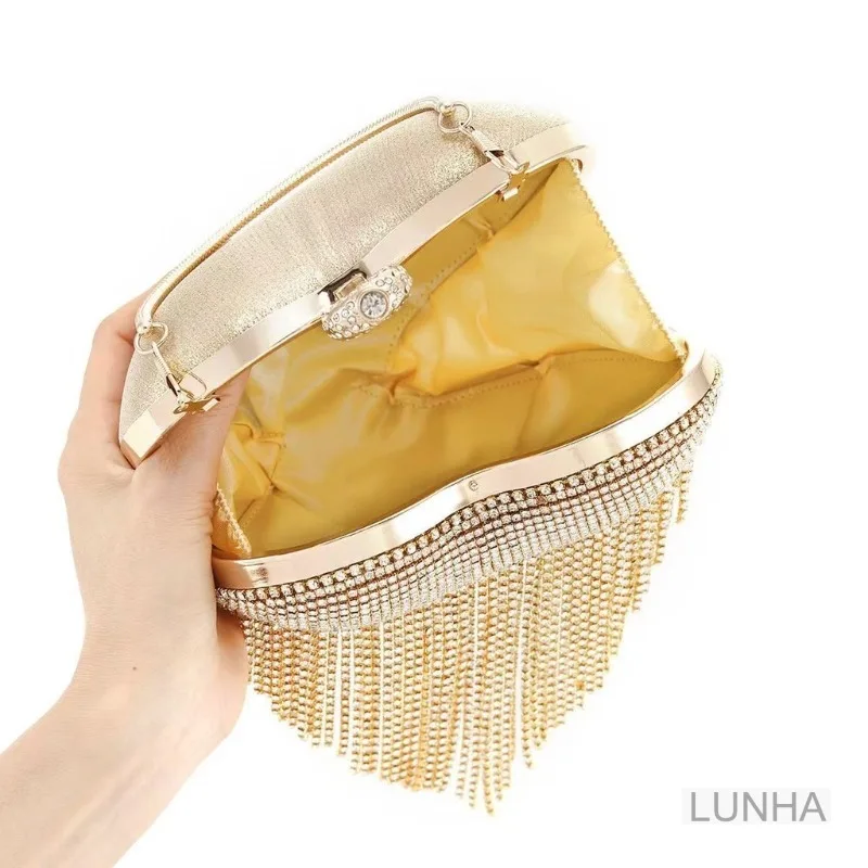 Women Clutch Box Rhinestone Tassel Evening Bag Heart-Shaped Diamond Banquet Handbag for Dresses Party