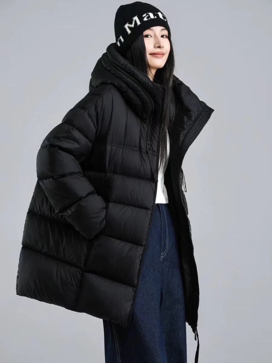 Chaqueta acolchada con capucha y cremallera para mujer, diseño elegante de invierno, chaqueta de plumón de pato blanco, Parka holgada gruesa de medio a largo