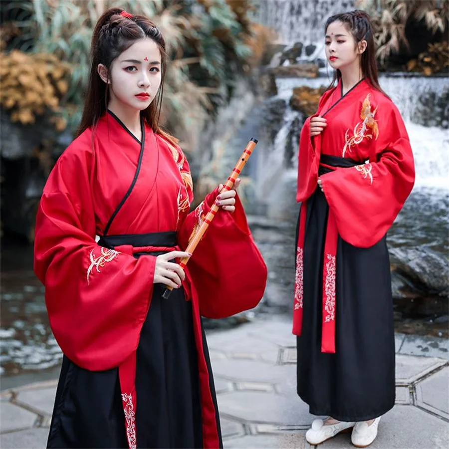 Conjuntos de fantasia chinesa hanfu cosplay para casais, estampa tradicional antiga, vermelho e preto, homens e mulheres, conjuntos de carnaval, plus size, xl