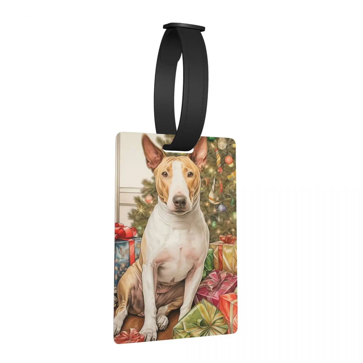 

Бирка для багажа с портретом собаки породы Стейфордширский бультерьер, рождественская тематика, для чемодана, дорожной сумки, багажа, с именной надписью, адресом и идентификатором