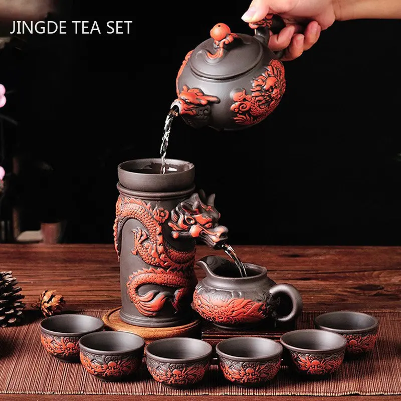 Authentic Yixing Dragon Teapot Sets 9pcs Boutique Purple Clay Tea Set Handmade Zisha Tea Pot and Cup Set Customized Teaware Gift