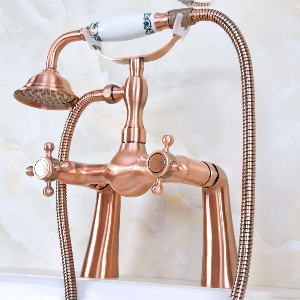 

Antique Red Copper Double Handle Deck Mounted Bathroom Bath Tub Faucet Set with 150CM Hand Held Shower Spray Mixer Tap 2na164