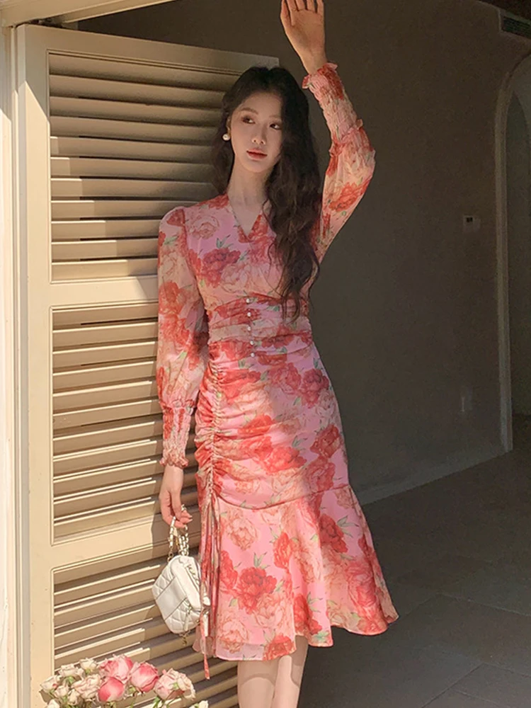 Ropa de mujer de gasa dulce estampado Floral Puff manga cordón ajustado Midi Vestido de cola de pez elegante Vestido de fiesta Casual otoño nuevo