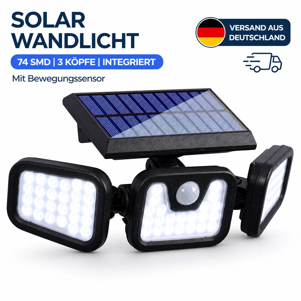 74 SMD Solar-Flutlicht für Außenbereich mit 3 Köpfen, PIR-Bewegungssensor, 3 Modi, 2000LM Sicherheitswandleuchte für Garten, Garage, Hof, Veranda