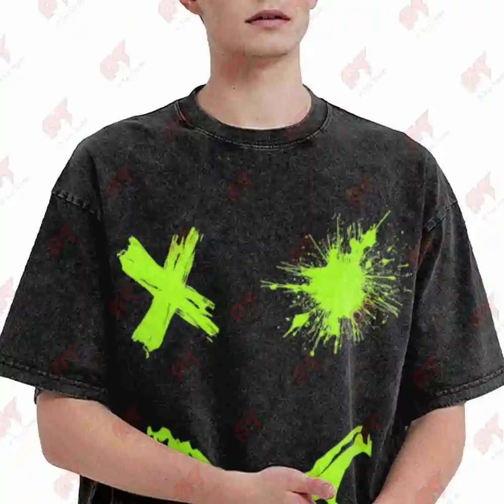 Neon Green Glow In The Dark Reactive Fluorescent Print Joyful Face Vintage Washed Tee Pure Cotton T-Shirt
