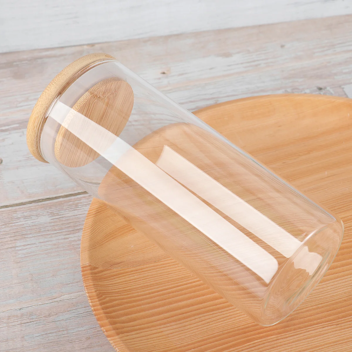 

65x15cm Clear Glass Jar 380Ml Sealed Canister Bamboo Lid Dry Food Storage Container for Tea Coffee Bean Sugar Salt