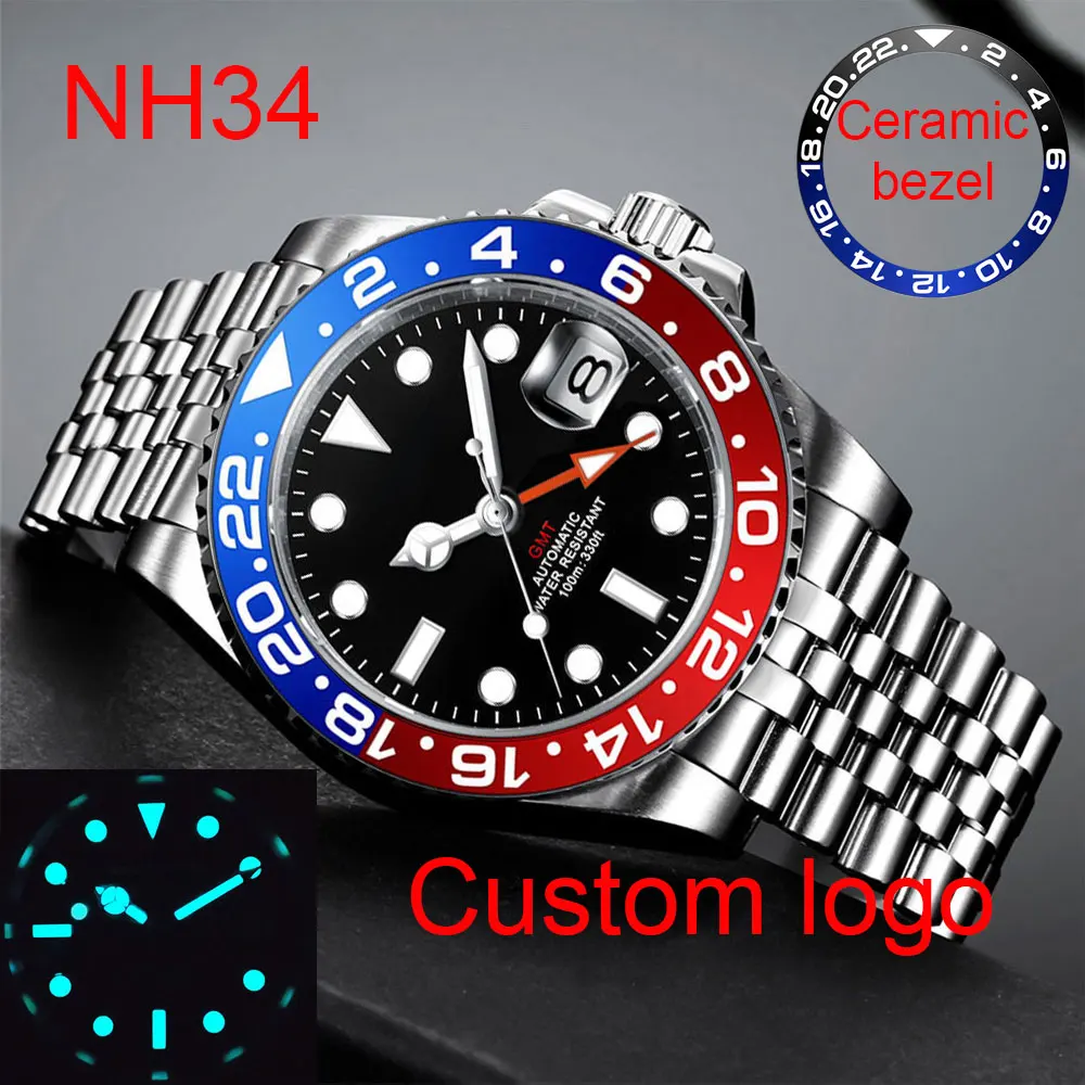 Custom New Men Mechanical Wristwatch Jubilee Stainless NH34 GMT Watch Sapphire Glass Men Watches reloj hombre