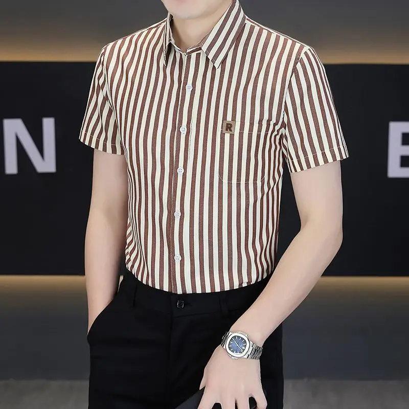 

Men's Short Sleeve Striped Button Down Shirt Slim Fit Casual Business Top
