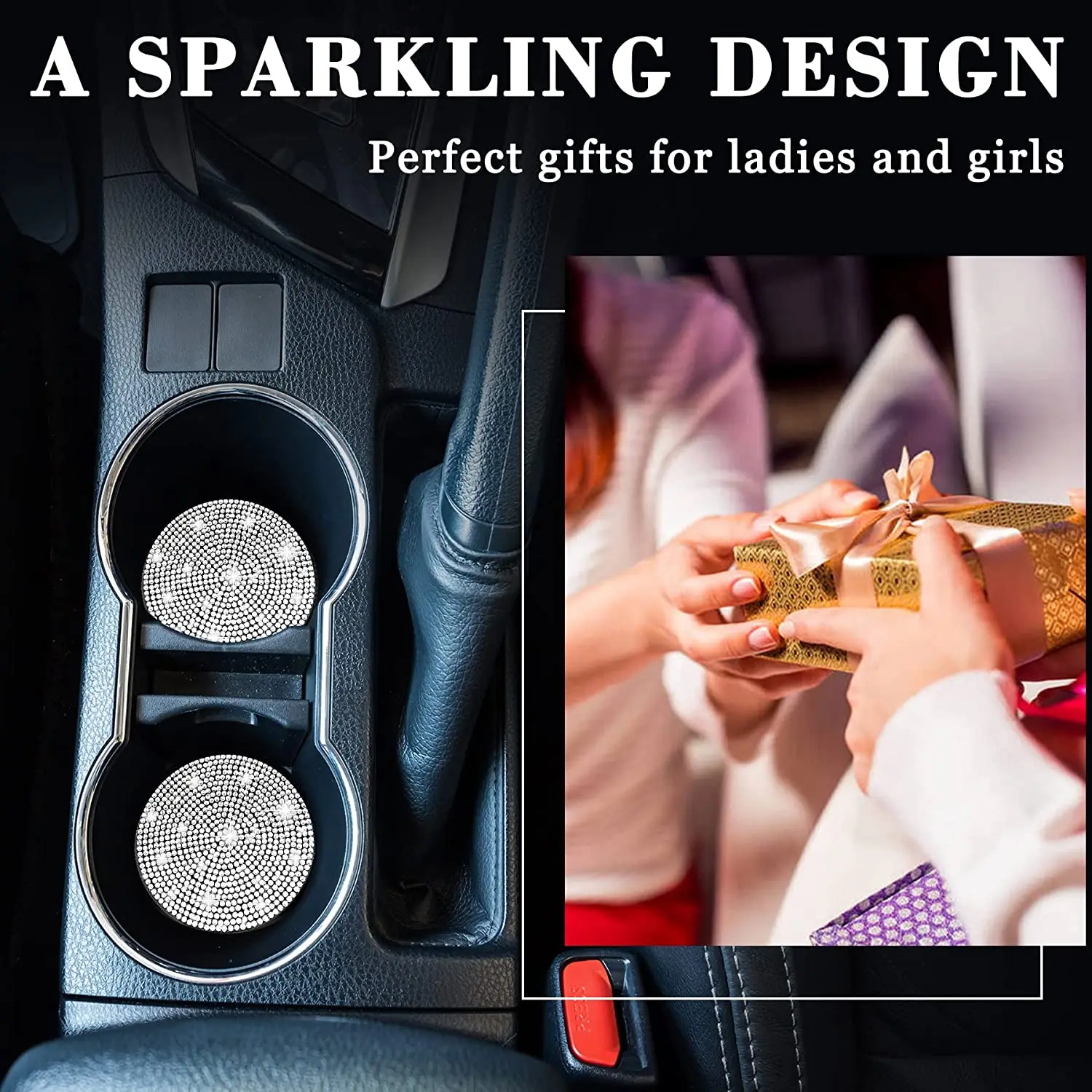 2pcs Cute Bling Car Cup Holder Coaster Mat with Rhinestone for Women Girl Universal Anti Slip Automotive Interior Accessories