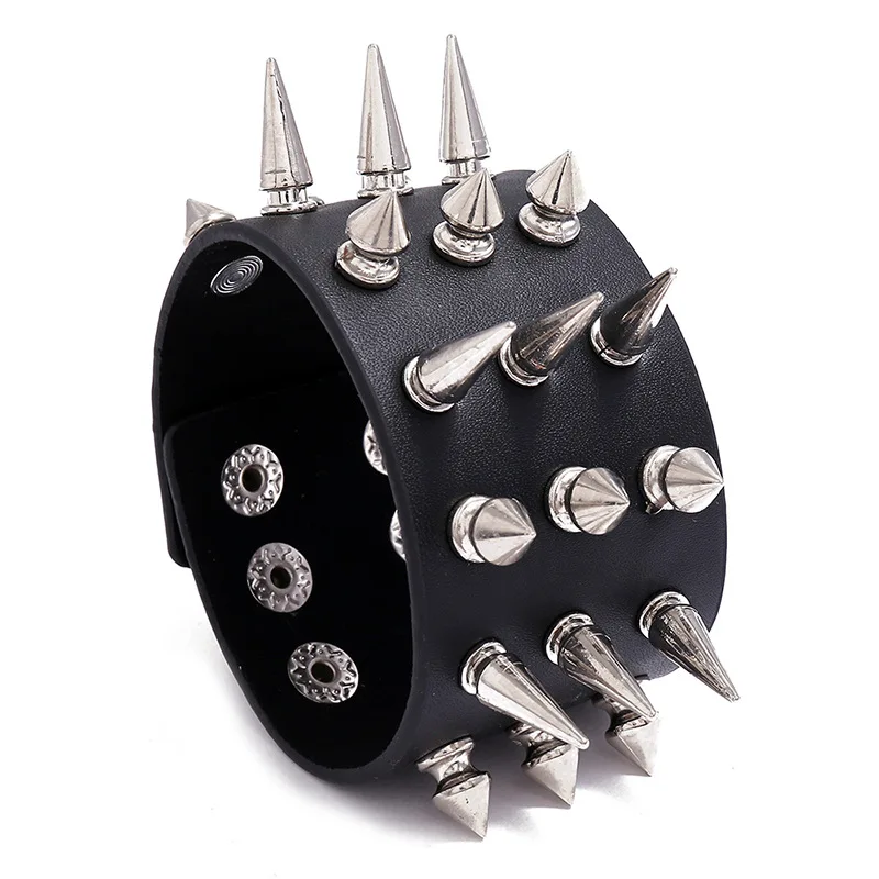 DIEZI Personality Hip Hop Men Spiked Rock Bracelet Bangle Women Vintage Punk Cosplay Black PU Leather Wrap Bracelet New Jewelry