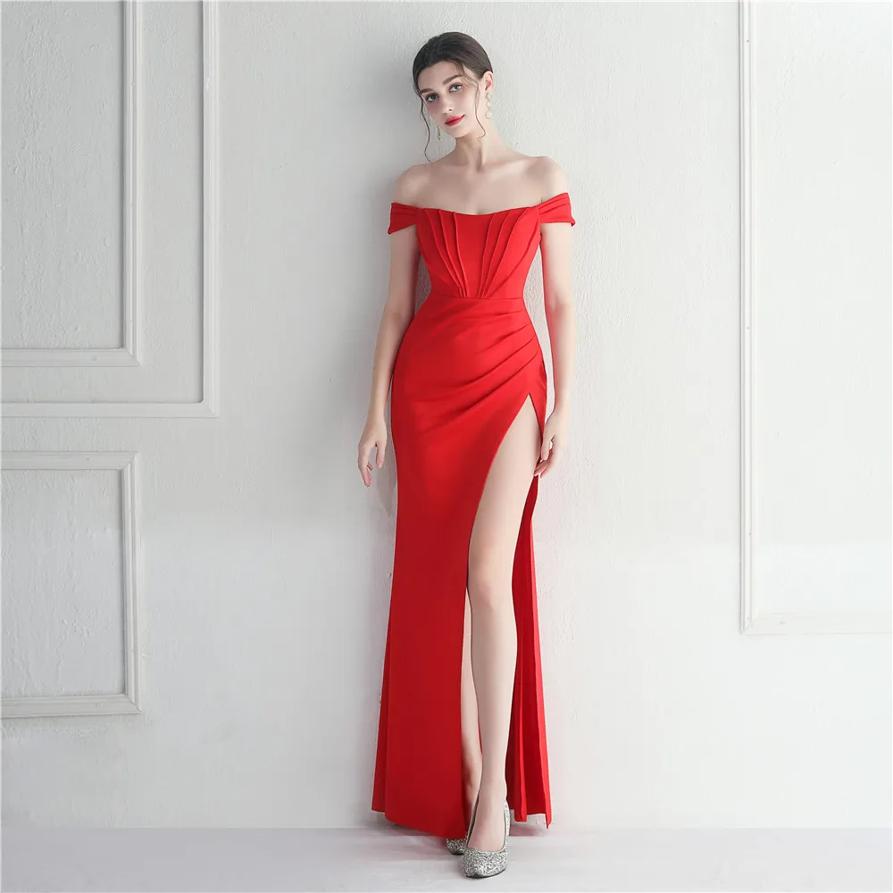 Women's Strapless Boat Neck Evening Dress Slit Sexy Open Back Slim Sweet Fresh Dress Wedding Dinner Dress