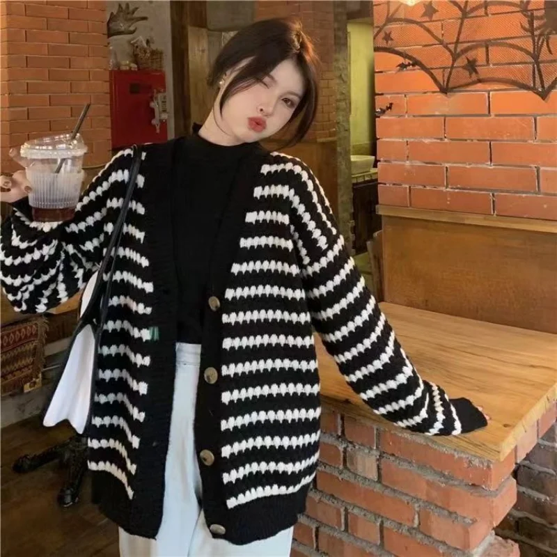 

Autumn and Winter Japanese Retro Lazy Style Striped Sweater Cardigan Jacket Women's Autumn Design Sense Niche All Match Top