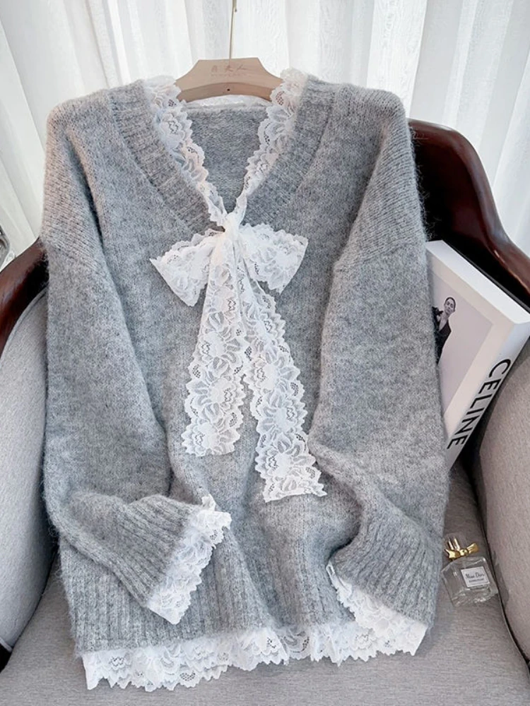 Wiosna jesień nowy dekolt w serek z długim rękawem modny sweter damski główna ulica Casual luźne koronkowe patchworkowe swetry eleganckie eleganckie topy — zdjęcie 2