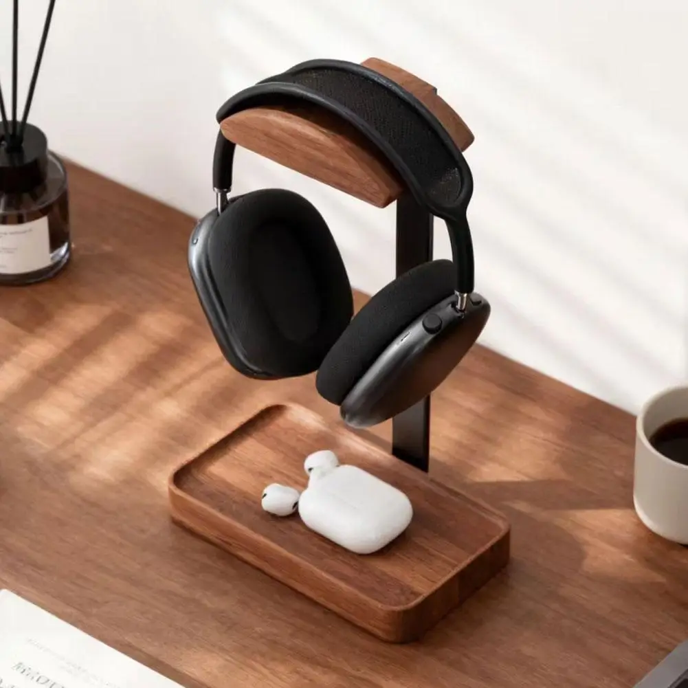 Solid Wood Gaming Headphone Stand, Multi-functional Desktop Organizer Wood Headset Stand with Storage Base for Gaming & Office