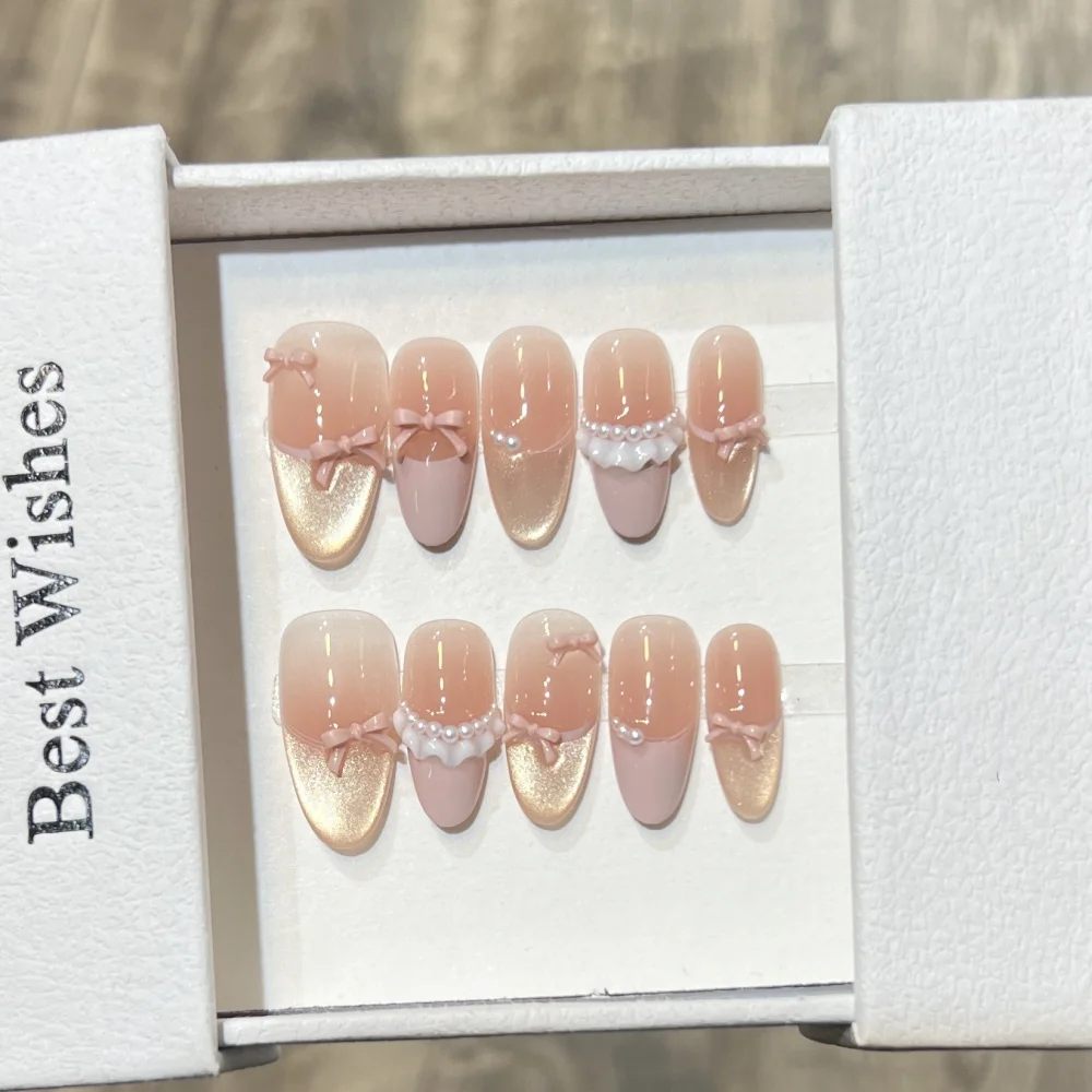 10st Cat's Eye ovale handgemaakte kunstnagels kunst draagbaar volledige dekking roze zoete nagels tips strass schattige Franse amandel manicure