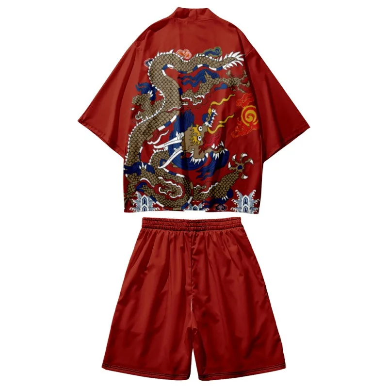 Harajuku Traditional Ukiyo-e Dragon Print Two-piece Suit Women Kimono Shorts Japanese Cardigan Men Cosplay Haori Clothing