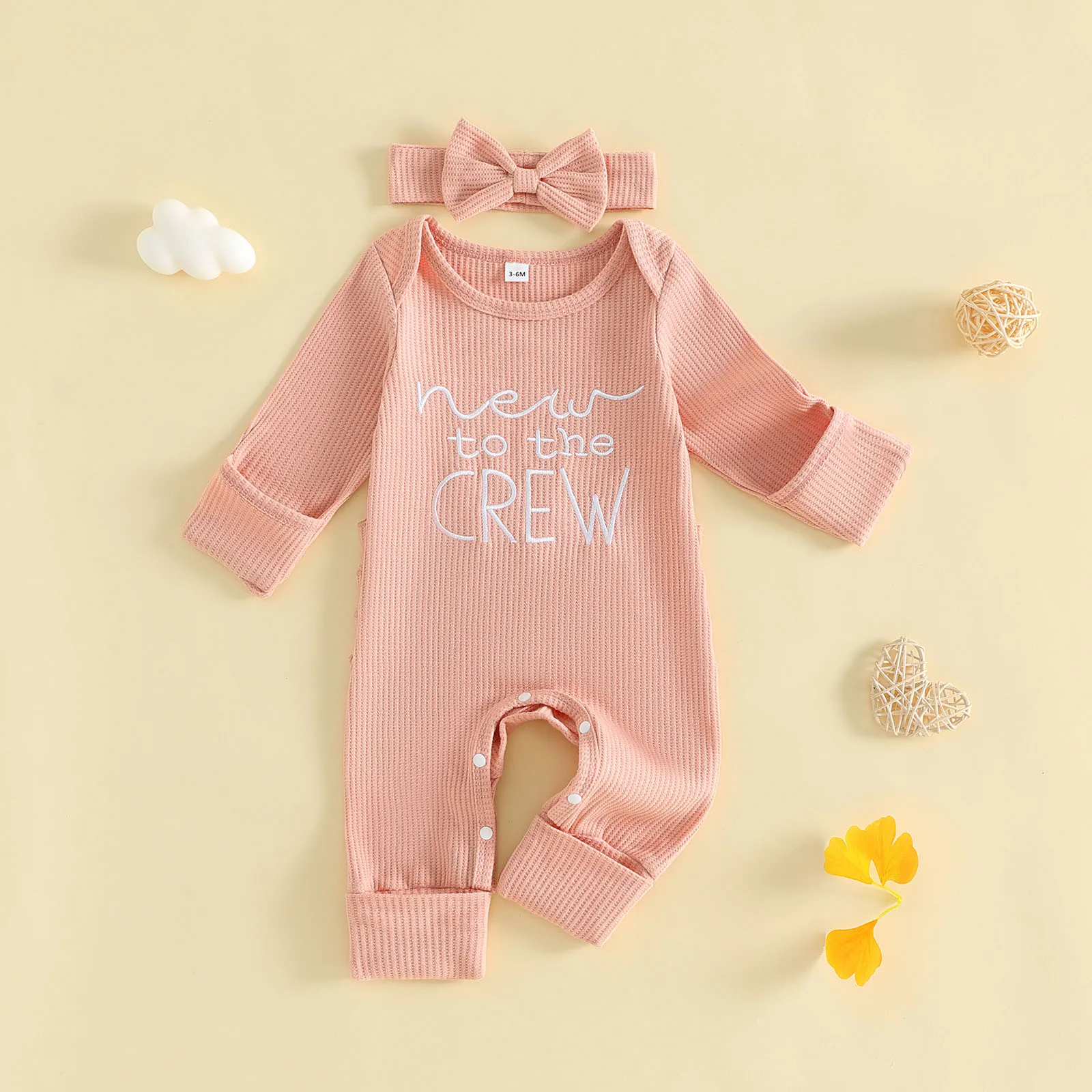 2 Pcs Preemie Newborn Infant Girl Outfit Waffle Knit Long Sleeve Letter Embroidery Romper Headband Set