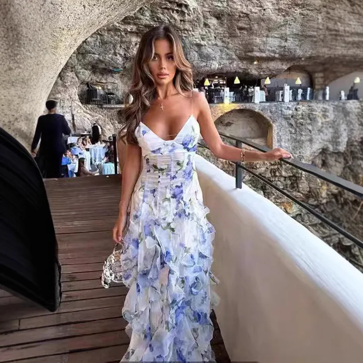 Femme vêtements robes 2025 Style hors épaule femmes mode mousseline de soie imprimé fée longue tempérament robe de soirée femme vêtements