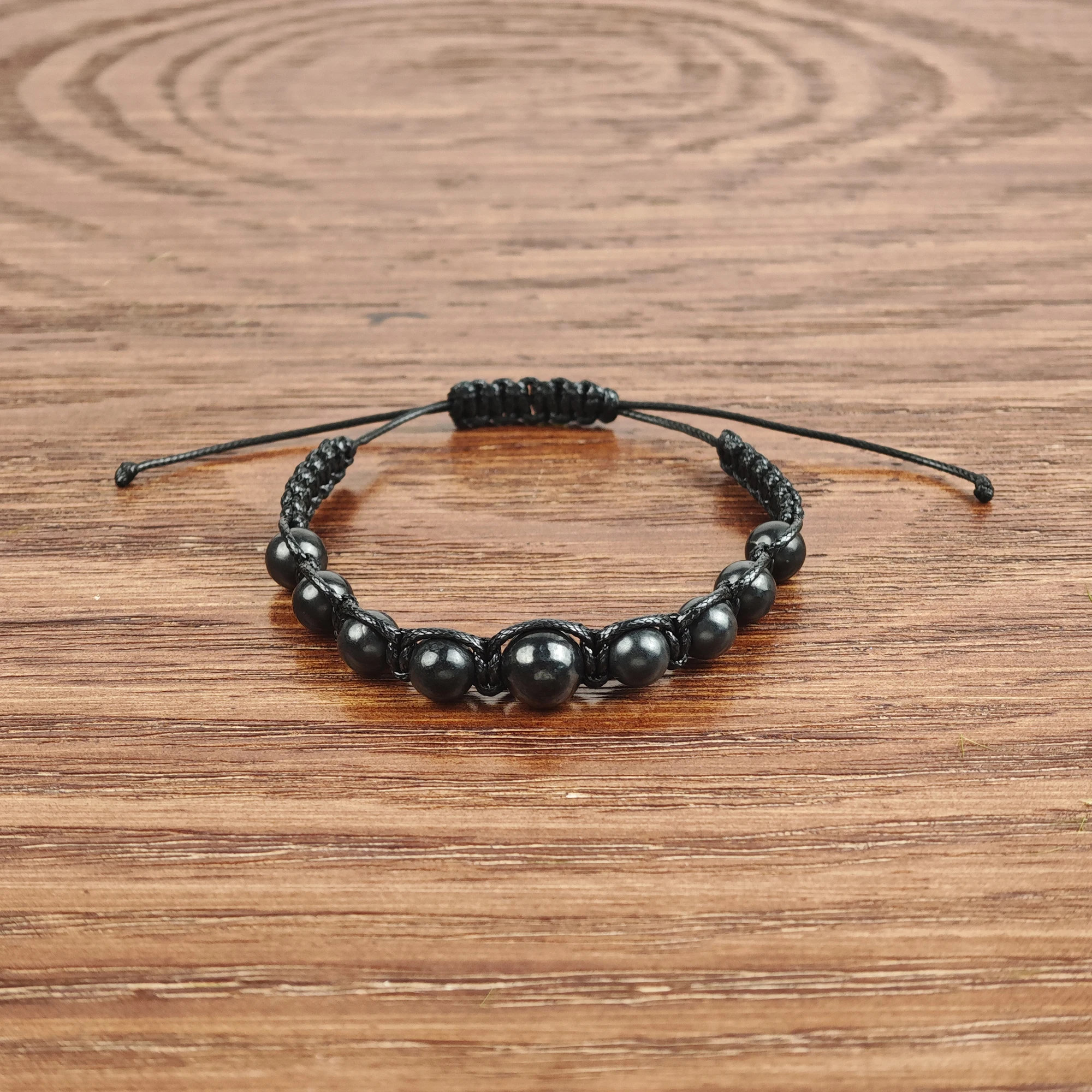 CHENYISHI Natural Shungite Bead Bracelet Handmade Black Braided Healing Bracelet for Energy Balance and Protection