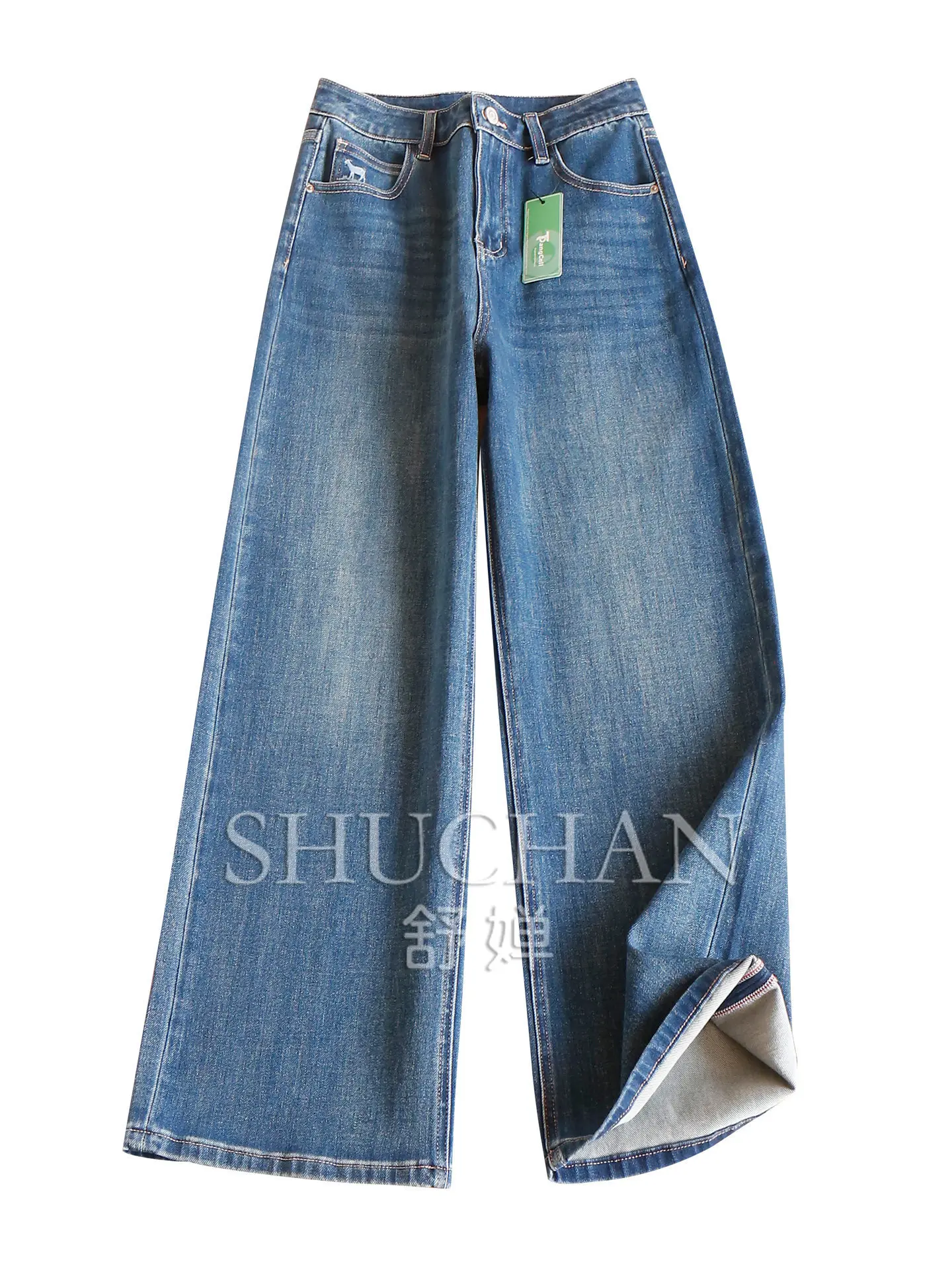 2026 Early Autumn Embroidery Lamb Four-sided Elastic High Waist Wide Leg Denim Trousers Women 18X5