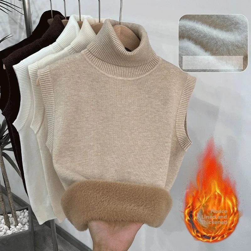 Women's High Collar Fleece Lined Knitted Sweater Sleeveless Vest Top Layering Base Shirt Regular Length Commute Style Pure Color