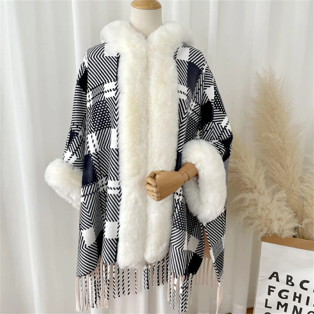 

Women Winter England Plaid Thick Velvet Warm Poncho Outer Wear Batwing Sleeves Knitted Faux Rabbit Fur Loose Capes Coat With Hat