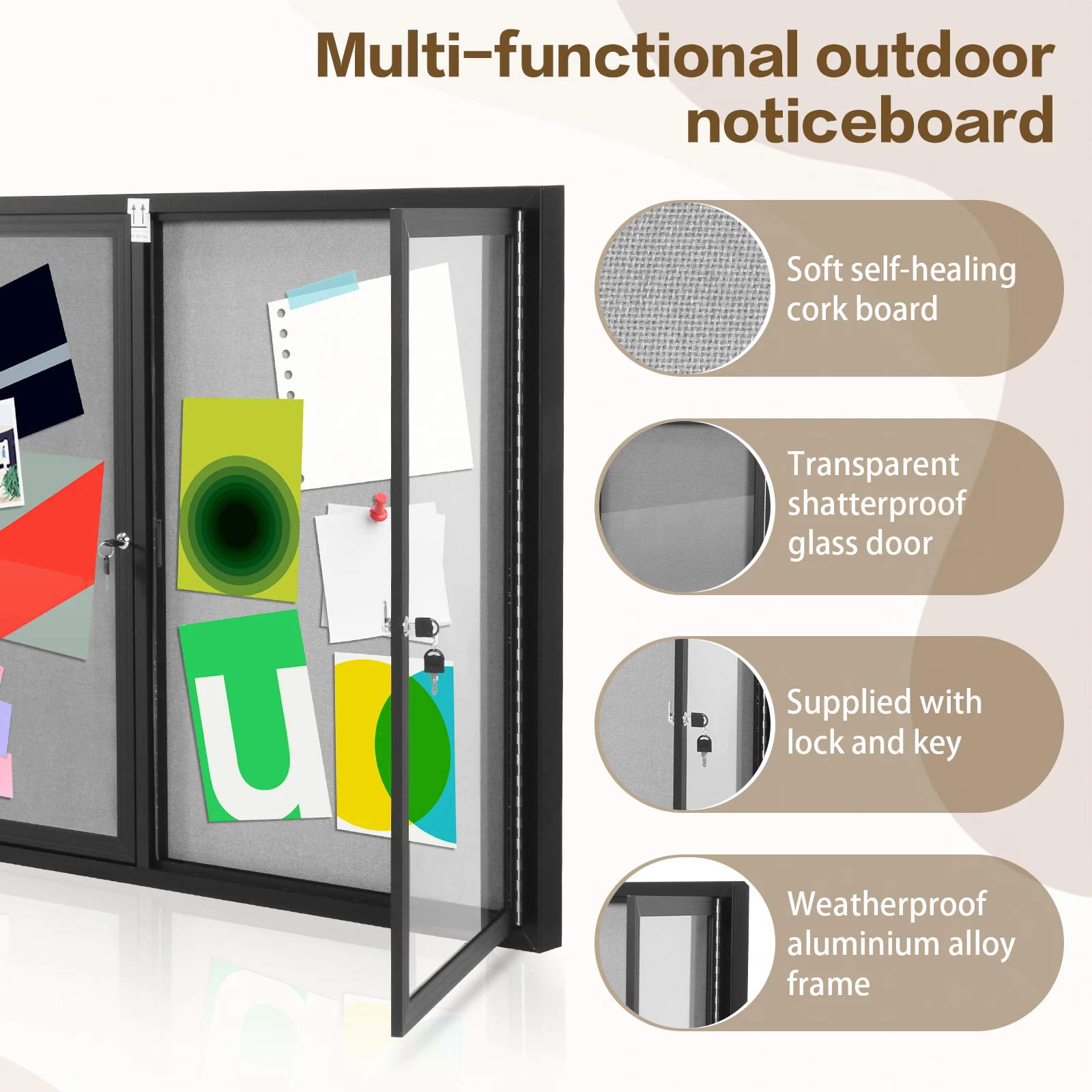 

Tamper-Proof Lockable Noticeboard Aluminum Frame Enclosed Cork Board with Glass Locking Door for Home Office and Community Use