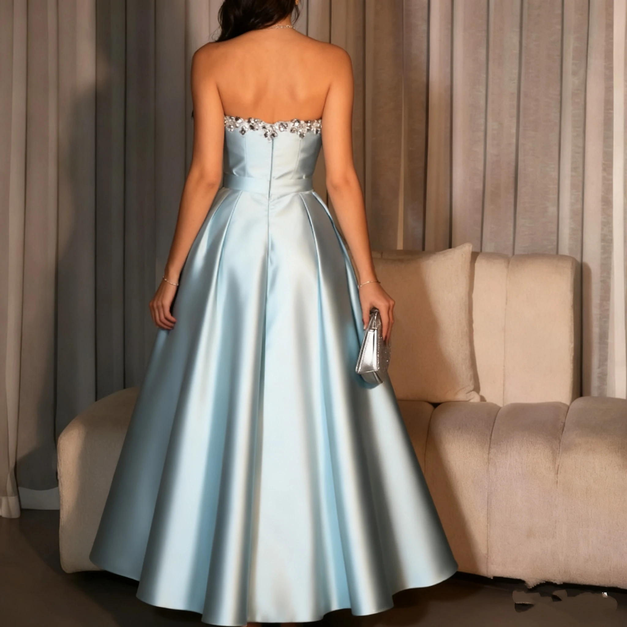 تدابير مخصصة كريستال الديكور فساتين السهرة الأزرق ثوب رسمي أنيق لامعة الراين عارية الذراعين فساتين لحضور الحفلات الموسيقية الساتان سبليت Pl #2