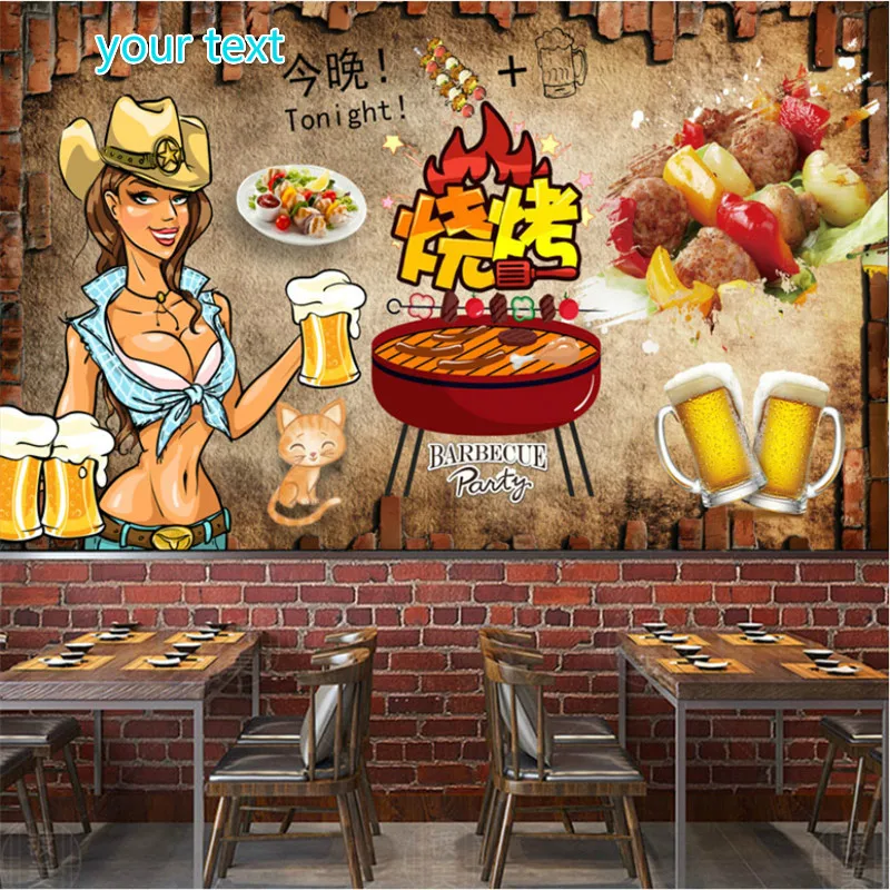 

Custom Barbecue Beer Restaurant Wall Paper Kebab Bar Papel De Parede 3D Snack Bar Industrial Decor Background Mural Wallpaper 3D