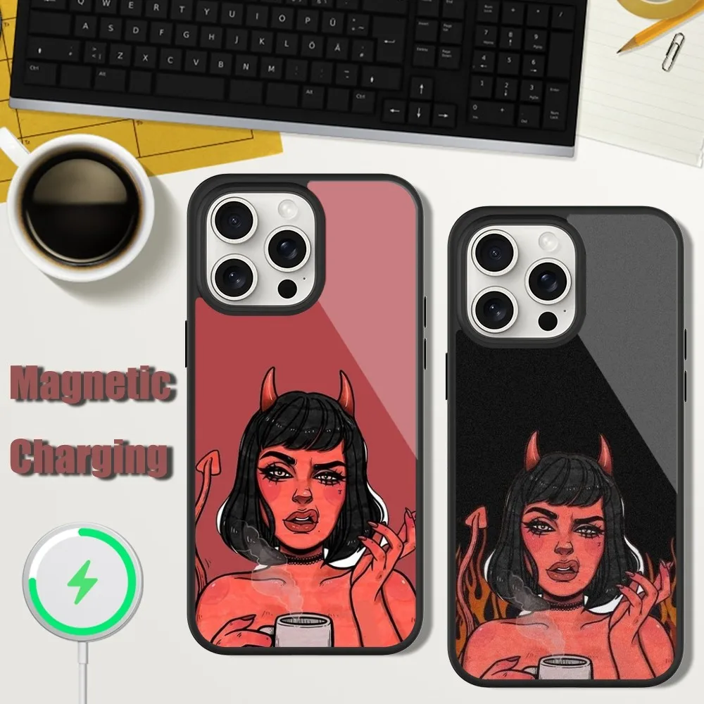 Devil Girl Comic Phone Case For iPhone 13 15 11 12 14 Plus Pro Max Glass Charging Magsafe Magnetic Cover