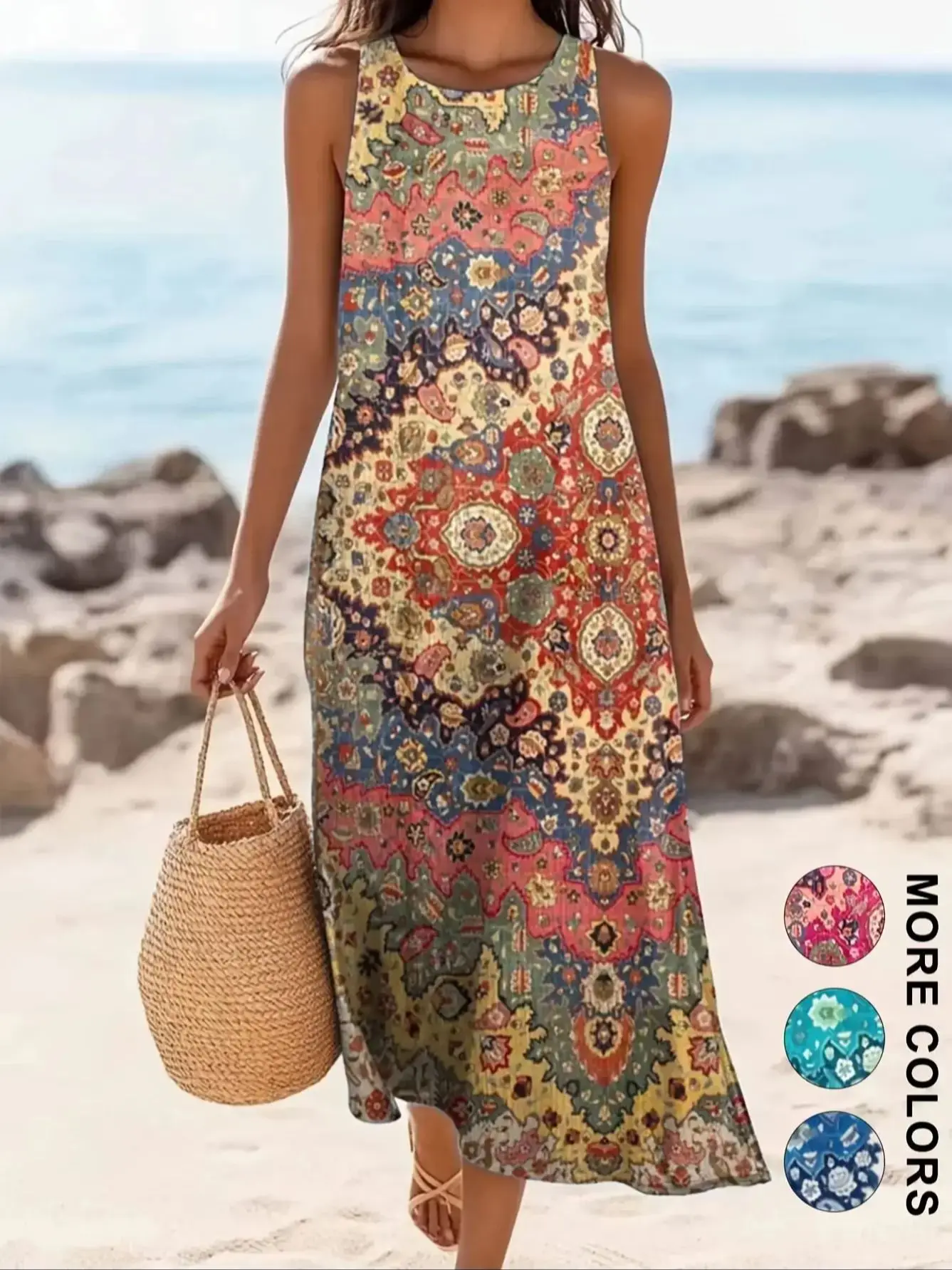 2026 Damen Ärmelloses Bohemian Blumen Freizeit Strand MIDI Sommerkleid mit Taschen, fließend und locker, Sweetheart-Ausschnitt, rustikal, ländlich