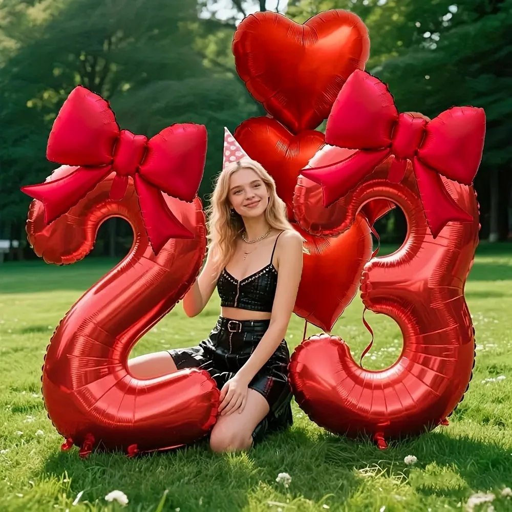 6 قطع/مجموعة بالونات من رقائق القلب الأحمر مع أرقام وشرابات على شكل فيونكة لديكور أنيق لذكرى الزفاف وأعياد الميلاد #3