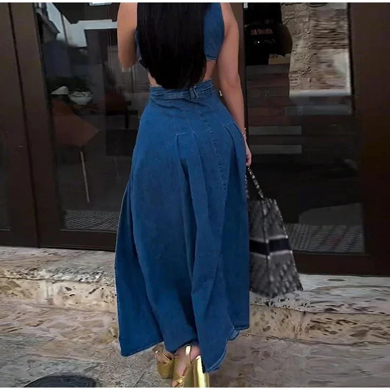 Sexy aushöhlen Denim lange Kleider Frauen Mode einreihig solide ärmellose Revers geteilt eine Linie Kleid Dame Sommer Dame Robe