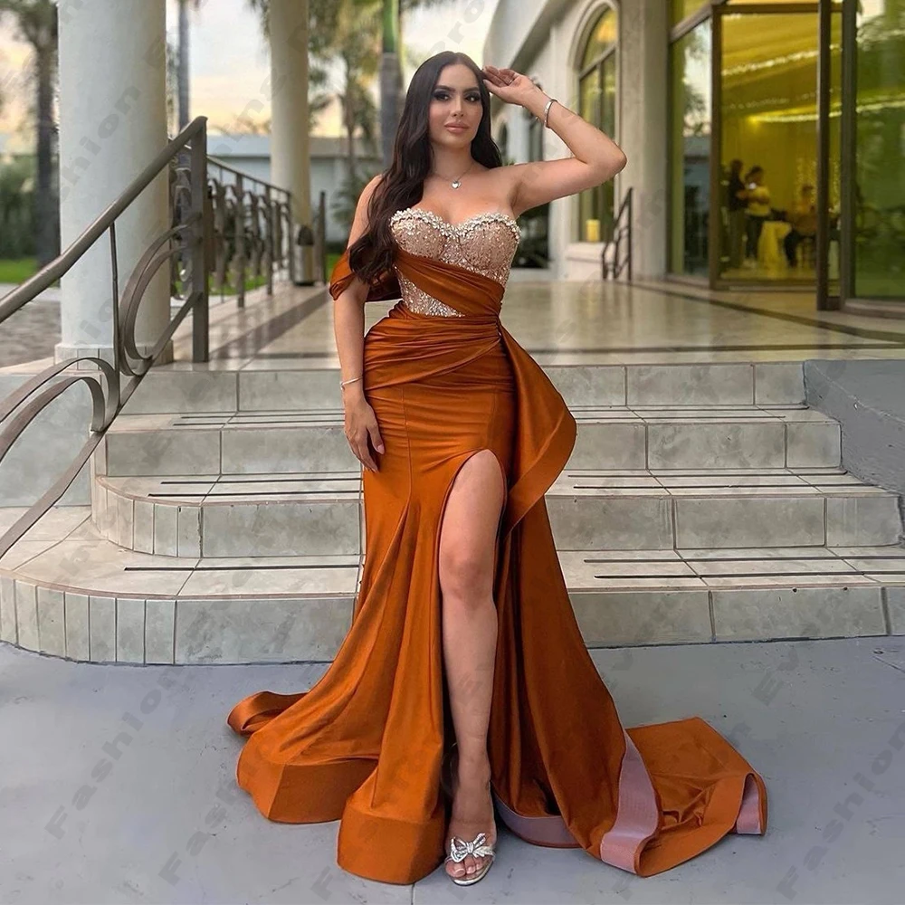 Preciosos vestidos de noche de satén a la moda para mujer, exquisitos abalorios, sexys, con hombros descubiertos, sin mangas, abertura alta,
