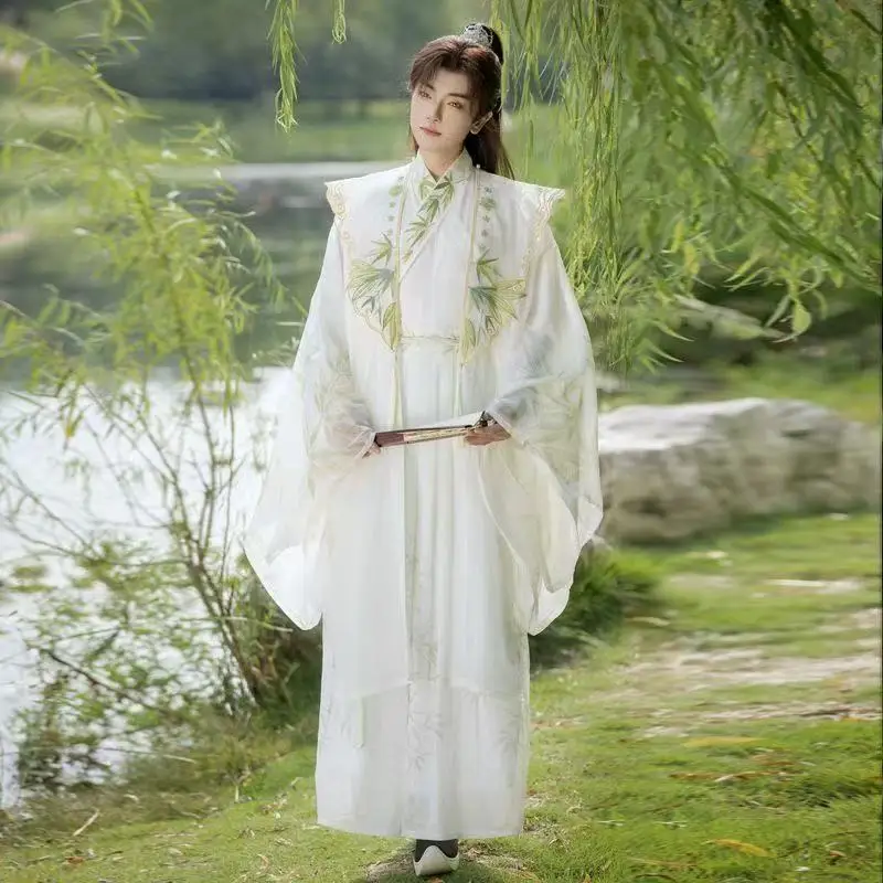 

Vintage Fairy Martial Black White Hanfu Traditional Chinese Clothing Embroidery Large Sleeve Robe Boys Halloween Cosplay Costume