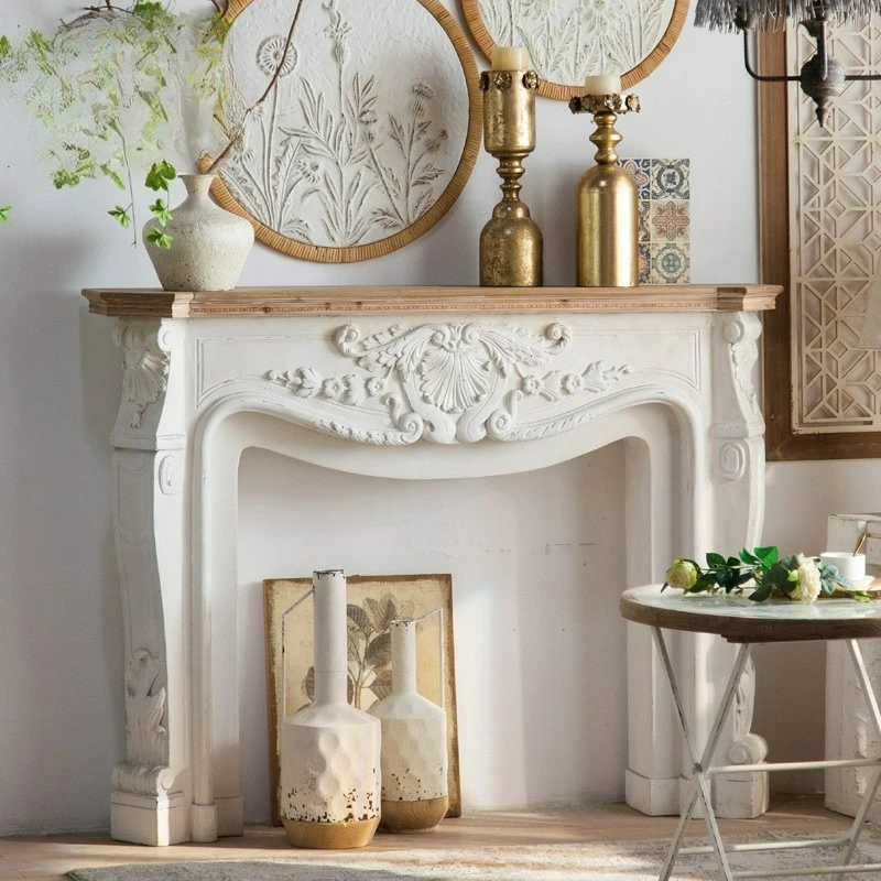 Customizable American Nordic style carved retro white fireplace living room antique decorative frame French entry ultra-thin