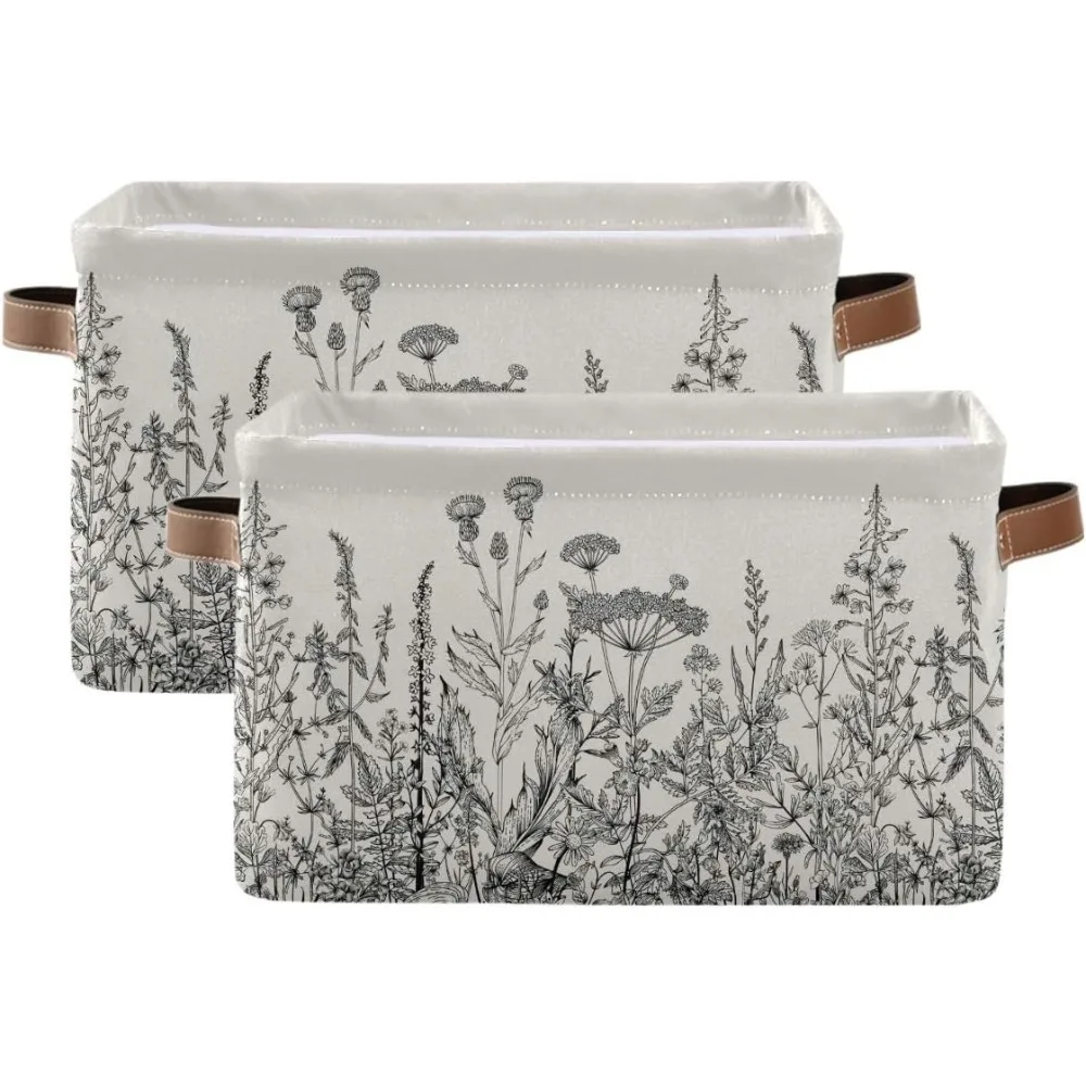 

Black and White Flowers Storage Baskets,Decorative Collapsible Rectangular Canvas Fabric Storage Bin for Home, 2PACK