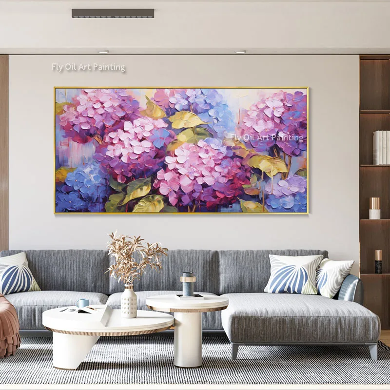 Large Horizontal Floral Oil Painting Hand Painted Pink Purple Hydrangea Canvas Wall Art Textured Flower Poster for Home Decor