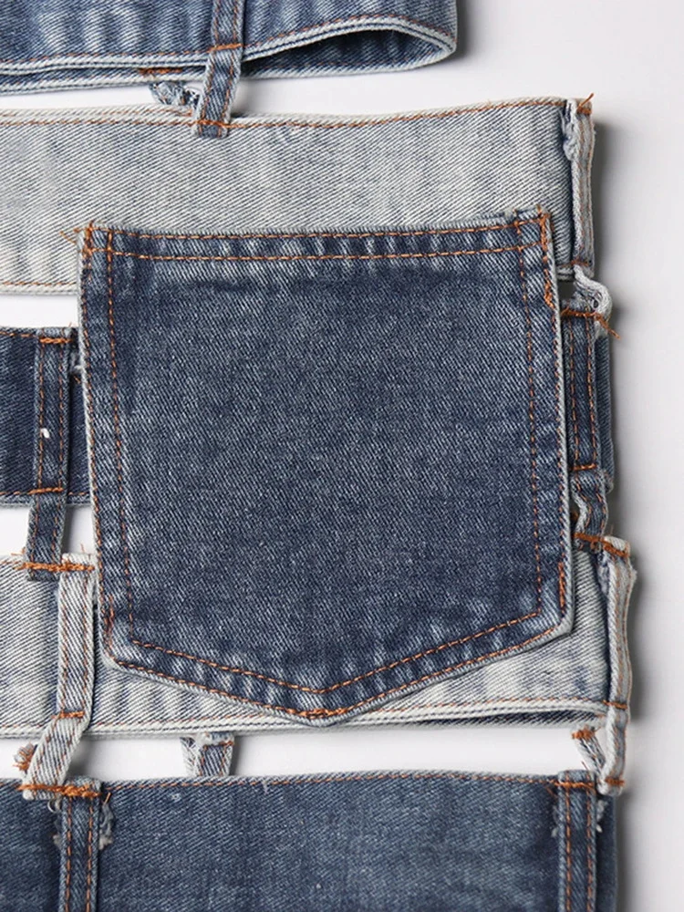 Gonne di jeans Patchwork scavate A vita alta monopetto Colorblock Slim Summer A Line Mini gonna aderente femminile