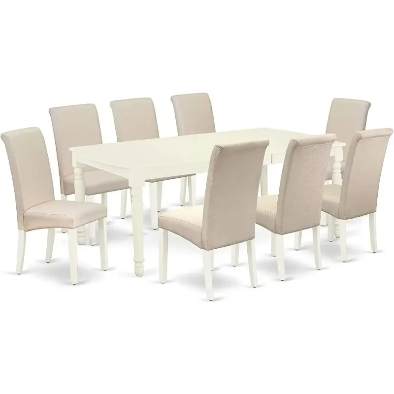 [Best Seller!]9 PieceModernDiningTable Set Includes a Rectangle WoodenTable with Butterfly Leaf and 8 Cream Linen Fabric Parsons
