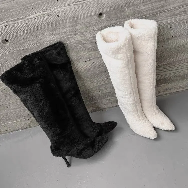 

Women's Solid Color Fur Decorative Leisure Knee Boots 2025 Autumn and Winter High-quality New High-heeled Fashion Mao Mao Boots