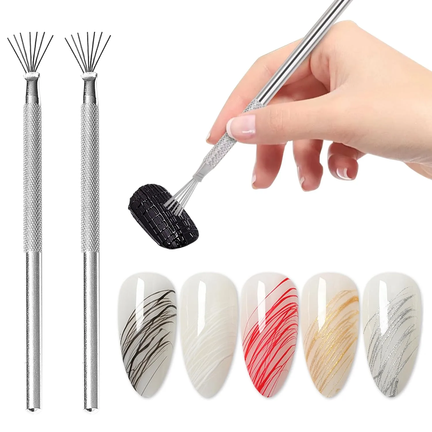 2 PCS Stainless Steel Nail Art 7-Pin Brush Pen For Nail Art Lines Designs Brush Tools For Nails Liner Marbling Effects Brush