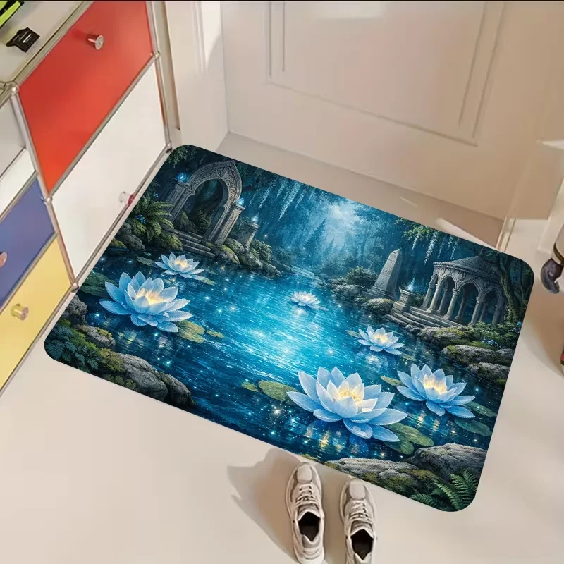 Magical Forest Ruins Blue Glowing Water Lily Pond Print Doormat Anti Slip Floor Mat Fantasy Nature Front Entrance Mat