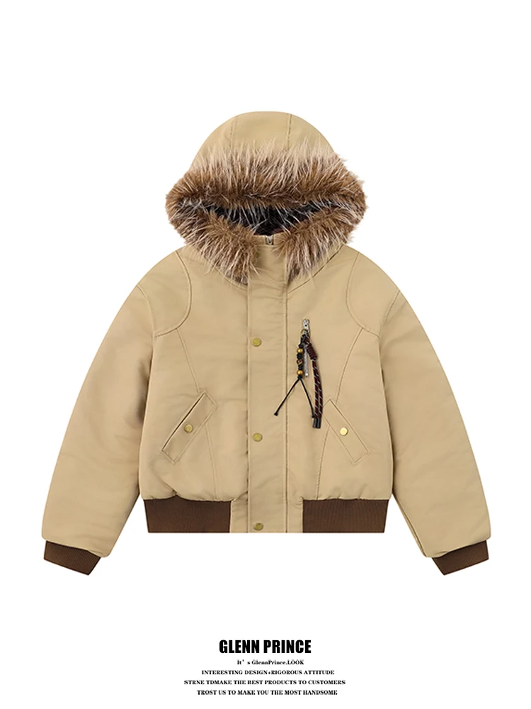 

GPstudio Street Retro Deconstructed Hooded Workwear Fur Collar Cotton Jaet Men Thi Warm Parka Casual Loose Fit Long Sve