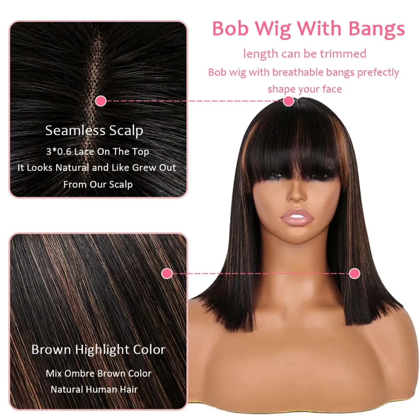 14 Polegada destaque marrom curto osso em linha reta bob peruca de cabelo humano com franja 2x1 peruca do laço do couro cabeludo 100% cabelo humano brasileiro para mulher