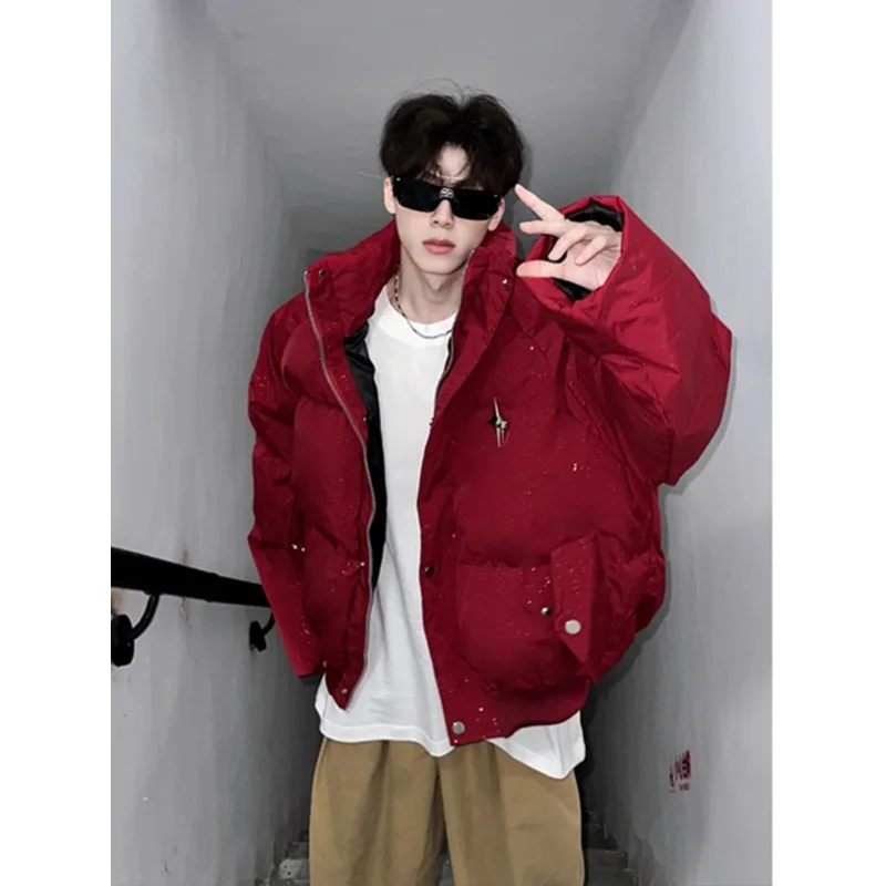 

Red Jacket Short Bread Clothes Men's Winter High Street Niche Ruffian Handsome Fried Street Thickened Warm Padded Jacket