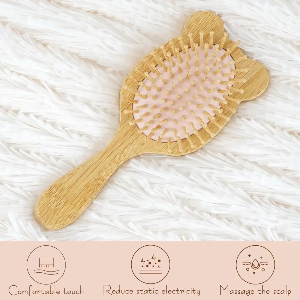 

New with Air Cushion Bamboo Hair Brush Bear Ear Design Natural Wooden Paddle Scalp Massage Brush for Women and
